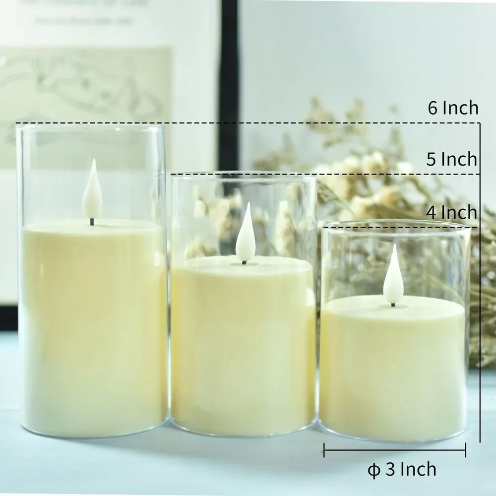 Set of 3 Acrylic Battery LED Flameless Flicker Candles Remote Timer Ivory Pillar